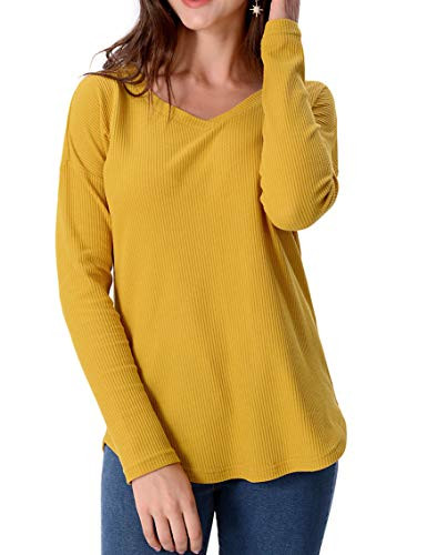 IVVIC Women Long Sleeve V-Neck Waffle Knit Shirts Solid Casual Pullover Tunic Sweater Cute Blouse Tops Yellow