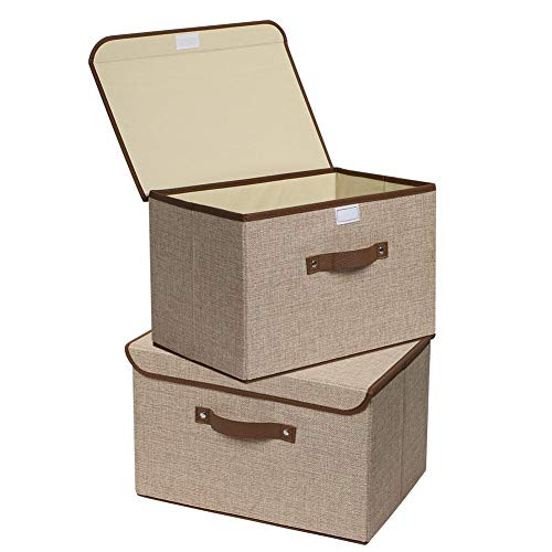 UUJOLY Storage Bins, Foldable Storage Box Cube with Lids and Handles Fabric Storage Basket Bin Organizer Collapsible Drawers Containers for Nursery, Closet, Bedroom, Home (Khaki-2pcs)
