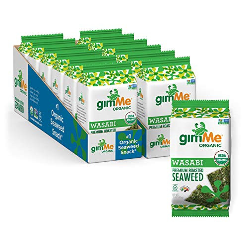 gimMe Organic Roasted Seaweed Sheets - Wasabi - 12 Count Sharing Size - Keto, Vegan, Gluten Free - Great Source of Iodine and Omega 3s - Healthy On-The-Go Snack for Kids  and  Adults