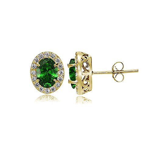 Yellow Gold Flashed Sterling Silver Simulated Emerald and Cubic Zirconia Accents Oval Halo Stud Earrings