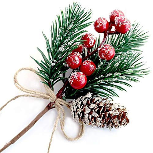 Christmas Berries Red Stems Evergreen Pine Branches 8pcs, Christmas Picks Spray Artificial Pine Cones Holly Stem Craft, Winter Holiday Floral Picks for Decoration DIY Xmas Garland Wreath Ornaments