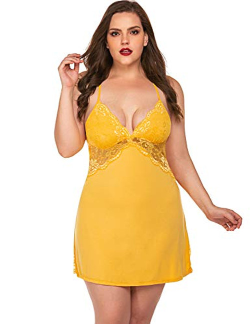 Avidlove Women Lingerie Lace Chemise Sleepwear Babydoll Teddy Lingerie Yellow