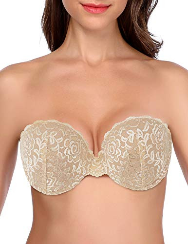 JOATEAY Women's Strapless Self Adhesive Bra Reusable Backless Sticky Push Up Bra Invisible (Lace Nude, Cup DD)