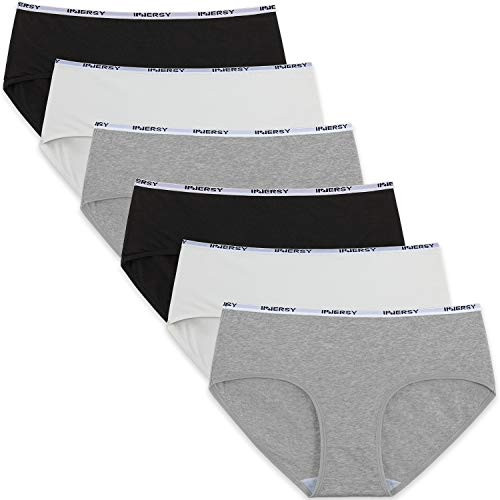 INNERSY Womens Cotton Sporty Underwear Hipster Panties Regular  and  Plus Size 6-Pack(Small,Black-White-Gray)