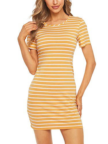 Floerns Women's Casual Short Sleeve Striped Bodycon T Shirt Short Mini Dress Yellow Stripe S
