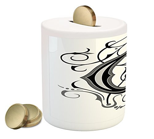 Ambesonne Letter Q Piggy Bank, Flowers Flourishing Gothic Q Words Writing Style Aged Typography, Printed Ceramic Coin Bank Money Box for Cash Saving, Black Grey White