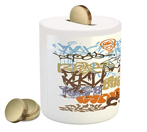 Lunarable Rap Piggy Bank, Urban Art Inspired Composition with Graffiti Writing and in, Printed Ceramic Coin Bank Money Box for Cash Saving, Multicolor