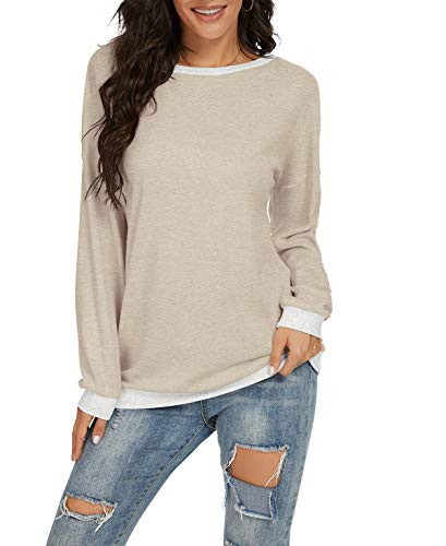 JINKESI Women's Casual Long Sleeve Color Block Round Neck Loose Fit Blouses T Shirts Sweatshirts Pullover Tops Shirts Beige-X-Large