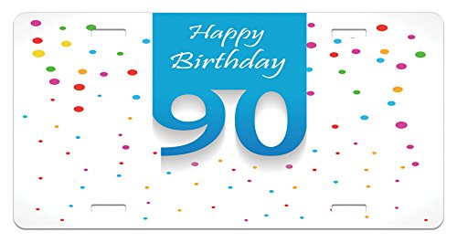 Ambesonne 90th Birthday License Plate, Framework with Hand Writing Calligraphy 90 Years Old Polka Dots, High Gloss Aluminum Novelty Plate, 5.88 inch X 11.88 inch, Multicolor