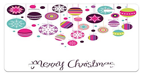 Ambesonne Christmas License Plate, Colorful Graphic Baubles with Retro Snowflake Ornaments Celebration Hand Writing, High Gloss Aluminum Novelty Plate, 5.88 inch X 11.88 inch, Multicolor