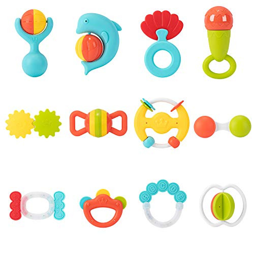 LARVEY 12Pcs Baby Rattles Teether Set Infant Grasping Grab Toys Shaking Bell Rattle Set for Toddler Newborn Baby 3-12 Months