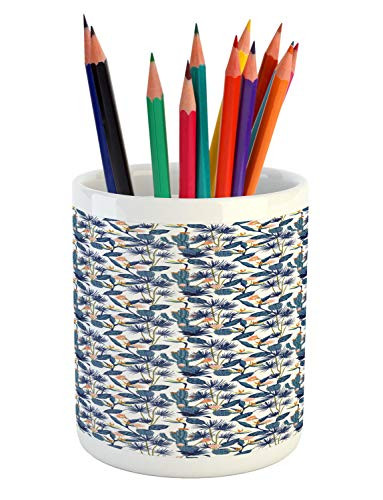 Lunarable Floral Pencil Pen Holder, Tropical Flower Bird of Paradise Cactus Exotic Jungle Flora, Ceramic Pencil Holder for Desk Office Accessory, 3.6 inch X 3.2 inch, Salmon Blue Grey