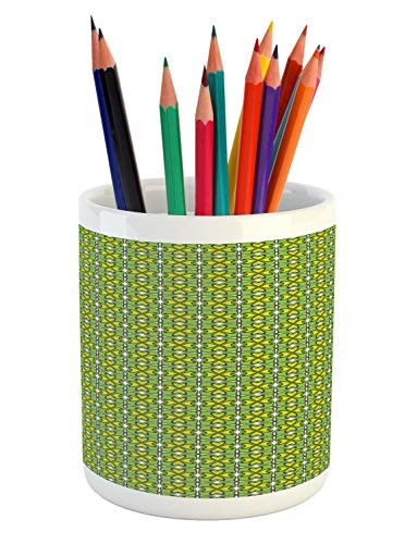 Lunarable Abstract Pencil Pen Holder, Repetitive Floral Inspired Motifs in Fresh Tones Illustration, Ceramic Pencil Holder for Desk Office Accessory, 3.6 inch X 3.2 inch, Apple Green and Dark Sepia