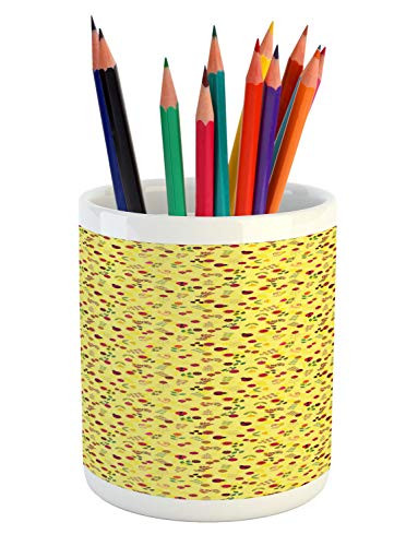 Ambesonne Spring Pencil Pen Holder, Childish Nature Ladybugs Flowers Dandelion Daisy Lily Creative Spring Cartoon, Ceramic Pencil Holder for Desk Office Accessory, 3.6 inch X 3.2 inch, Yellow Multicolor