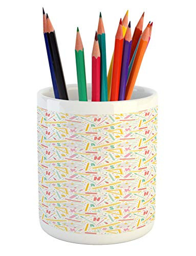 Ambesonne Educational Pencil Pen Holder, Childish School Supplies and Latin Alphabet Letters Scattered on Plain Backdrop, Ceramic Pencil Holder for Desk Office Accessory, 3.6 inch X 3.2 inch, Multicolor