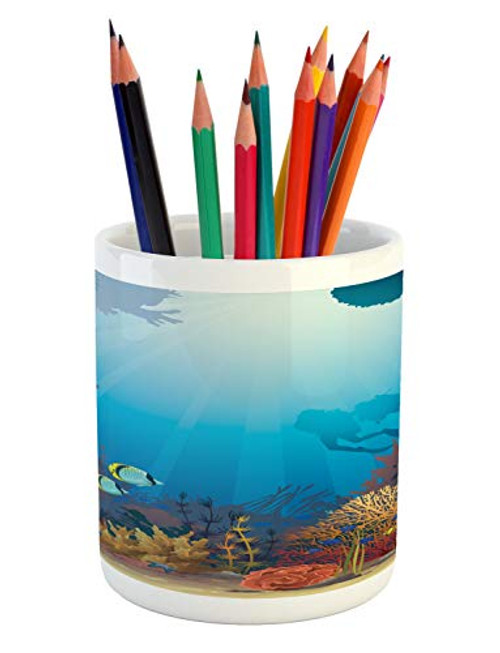 Lunarable Reef Pencil Pen Holder, Scuba Diver Silhouette Corals Aquatic Life, Ceramic Pencil Holder for Desk Office Accessory, 3.6 inch X 3.2 inch, Sky Blue Multicolor