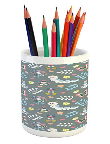 Ambesonne Nursery Pencil Pen Holder, Childish Earth Worms Ladybugs Birds Flowers Pastel Nature Love Hearts Doodle, Ceramic Pencil Holder for Desk Office Accessory, 3.6 inch X 3.2 inch, Grey Multicolor