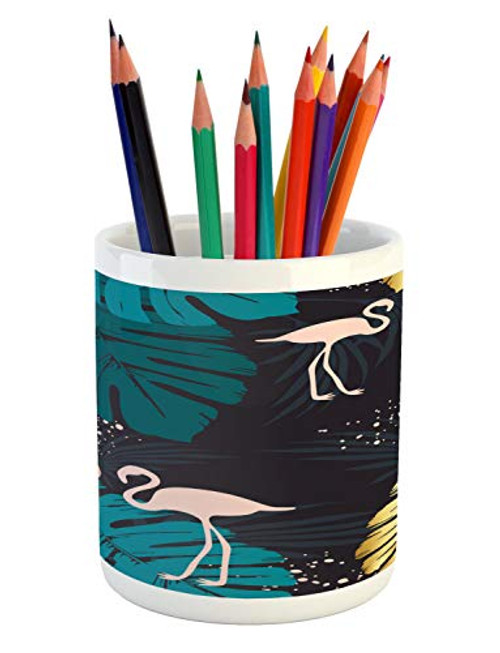 Lunarable Bird Print Pencil Pen Holder, Exotic Composition of Monstera Leaves and Flamingo Silhouettes, Ceramic Pencil Holder for Desk Office Accessory, 3.6 inch X 3.2 inch, Dark Blue Grey Multicolor