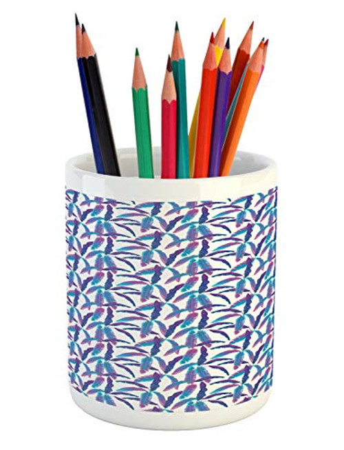 Lunarable Tropical Party Pencil Pen Holder, Exotic Leaves in Colorful Pattern Tropical Composition Print, Ceramic Pencil Holder for Desk Office Accessory, 3.6 inch X 3.2 inch, White Purple and Sky Blue