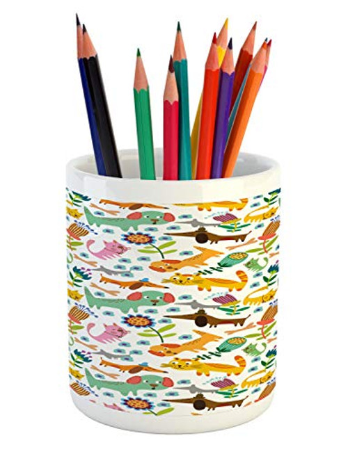 Lunarable Cartoon Pencil Pen Holder, Colorful Composition of Funny Smiling Dogs Cats and Flowers Ornamental Details, Ceramic Pencil Holder for Desk Office Accessory, 3.6 inch X 3.2 inch, Multicolor