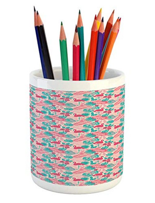 Lunarable Exotic Pencil Pen Holder, Tropical Composition of Rhythmic Flamingos Palm Leaves and Flowers, Ceramic Pencil Holder for Desk Office Accessory, 3.6 inch X 3.2 inch, Pale Eggshell and Multicolor Lunarable Exotic Pencil Pen Holder, Tropical Composition of Rhythmic Flamingos Palm Leaves and Flowers, Ceramic Pencil Holder for Desk Office Accessory, 3.6 inch X 3.2 inch, Pale Eggshell and Multicolor