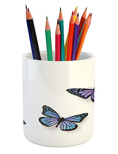 Lunarable Butterflies Pencil Pen Holder, Summer Insect Purple and Green Toned Moth Graphic on Plain Background, Ceramic Pencil Holder for Desk Office Accessory, 3.6 inch X 3.2 inch, White and Multicolor