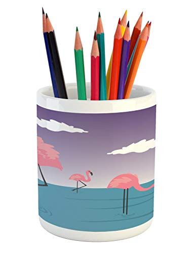 Lunarable Exotic Blue Pencil Pen Holder, Cartoon Style Pattern of Flamingos in The Water with Sunset on The Background, Ceramic Pencil Holder for Desk Office Accessory, 3.6 inch X 3.2 inch, Multicolor