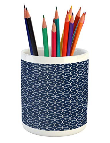 Ambesonne Navy Blue Pencil Pen Holder, Continuous Demonstration of Nautical Maritime Styled Circular Overlapping Ropes, Ceramic Pencil Holder for Desk Office Accessory, 3.6 inch X 3.2 inch, White Indigo