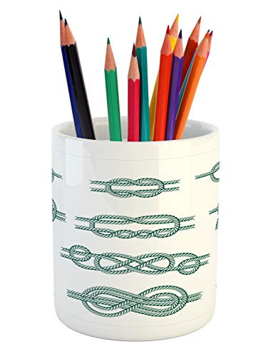 Ambesonne Navy White Pencil Pen Holder, Maritime Rope Knots Symbols Tackle Informational Nautical Illustration, Ceramic Pencil Holder for Desk Office Accessory, 3.6 inch X 3.2 inch, Dark Teal and White