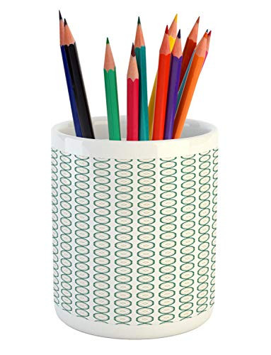 Lunarable Abstract Pencil Pen Holder, Continuous Minimalistic Vertical Arrangement Chain Print on Plain Backdrop, Ceramic Pencil Holder for Desk Office Accessory, 3.6 inch X 3.2 inch, White Grey Teal