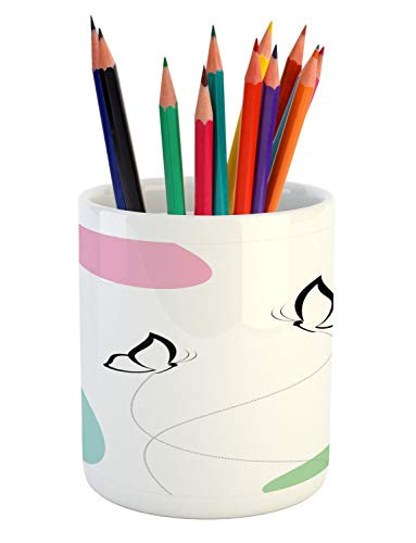 Ambesonne Butterfly Pencil Pen Holder, Cheerful Spring Composition with Butterflies and Colorful Blots, Printed Ceramic Pencil Pen Holder for Desk Office Accessory, Lilac Green Pink White