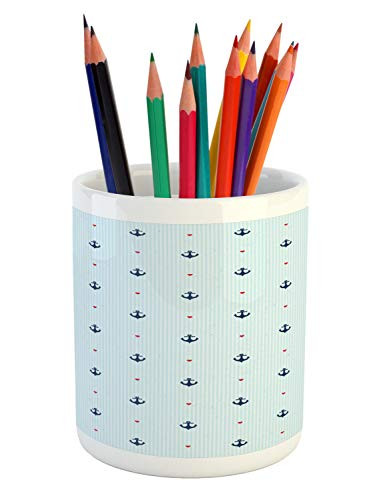 Ambesonne Anchor Pencil Pen Holder, Romantic Nautical Composition with Blue Anchors and Little Red Hearts, Printed Ceramic Pencil Pen Holder for Desk Office Accessory, Baby Blue Dark Blue Red