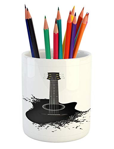 Ambesonne Guitar Pencil Pen Holder, Monochrome Musical Instrument with Strings Acoustic Color Splashes Creative Outlet, Printed Ceramic Pencil Pen Holder for Desk Office Accessory, Black White