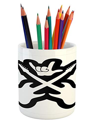 Ambesonne Rock Music Pencil Pen Holder, Doodle Drawing Style Guitars Rock Sign Abstract Monochrome Instrument Design, Printed Ceramic Pencil Pen Holder for Desk Office Accessory, Black White
