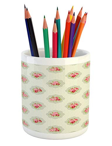 Lunarable Shabby Flora Pencil Pen Holder, Polka Dotted Background with Romantic English Roses Love Affection, Ceramic Pencil Holder for Desk Office Accessory, 3.6 inch X 3.2 inch, Pale Green Rose Red