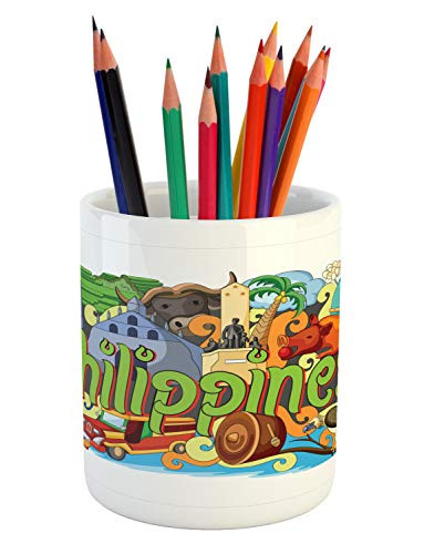 Ambesonne Phillipine Pencil Pen Holder, Colorful Illustration of Doodle Showing Architecture and Culture of Philippines, Printed Ceramic Pencil Pen Holder for Desk Office Accessory, Multicolor