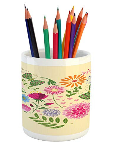 Ambesonne Heart Pencil Pen Holder, Various Colorful Flowers and Butterflies Forming a Heart Shape on Cream Backdrop, Printed Ceramic Pencil Pen Holder for Desk Office Accessory, Multicolor