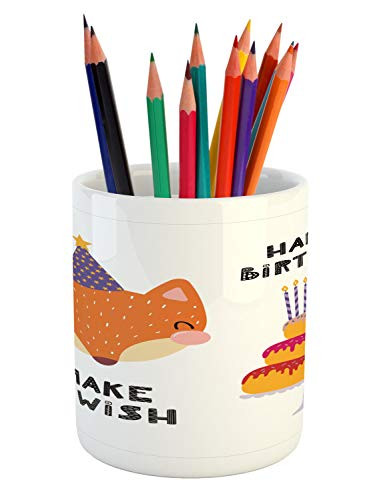 Ambesonne Fox Pencil Pen Holder, Fox in a Birthday Hat Happy Birthday Make a Wish Lettering Occasion Theme Cartoon, Printed Ceramic Pencil Pen Holder for Desk Office Accessory, Multicolor