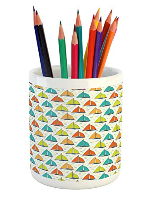 Ambesonne Nautical Pencil Pen Holder, Colorful Windboats on The Sea Sailing Extreme Sports Themed Digital Composition, Ceramic Pencil Holder for Desk Office Accessory, 3.6 inch X 3.2 inch, Multicolor