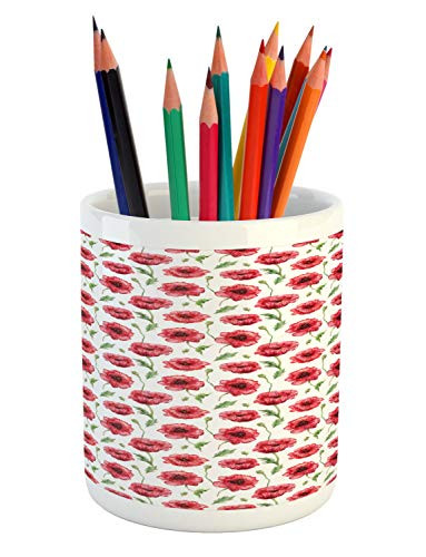 Ambesonne Poppy Flower Pencil Pen Holder, Arrangement of Elements Aquarelle Bloom Pattern Ornamental Composition, Ceramic Pencil Holder for Desk Office Accessory, 3.6 inch X 3.2 inch, Coral Green White