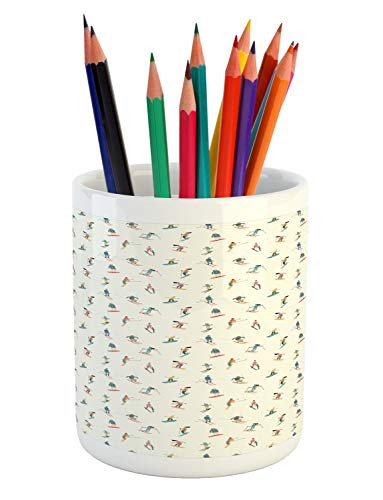 Lunarable Ski Pencil Pen Holder, Snowboard Winter Sports Themed Composition with Cartoon People Holiday Resort Activity, Ceramic Pencil Holder for Desk Office Accessory, 3.6 inch X 3.2 inch, Multicolor