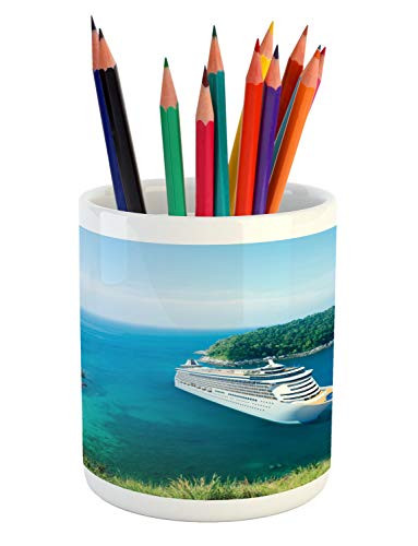 Ambesonne Cruise Ship Pencil Pen Holder, Passenger Ship in The Ocean with Clear Blue Sky Summer Vacation Picture, Ceramic Pencil Holder for Desk Office Accessory, 3.6 inch X 3.2 inch, Green Blue White
