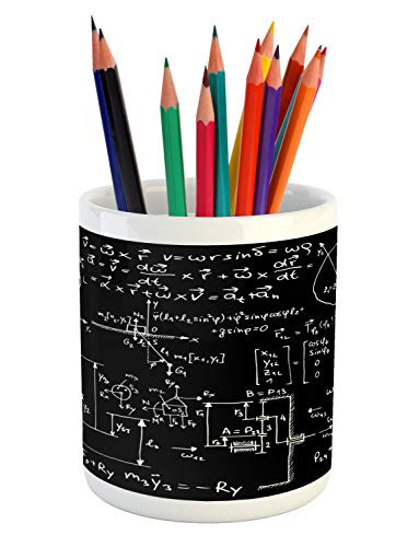 Ambesonne Physics Pencil Pen Holder, Mechanical Sketches and Formulas on Blackboard Looking Backdrop Print, Printed Ceramic Pencil Pen Holder for Desk Office Accessory, Charcoal Grey and White