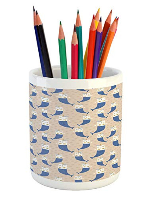 Lunarable Cat Mermaid Pencil Pen Holder, Childish Doodle of Magic Aquatic Unicorn Kitty with Horn Colorful Mane, Ceramic Pencil Holder for Desk Office Accessory, 3.6 inch X 3.2 inch, Multicolor