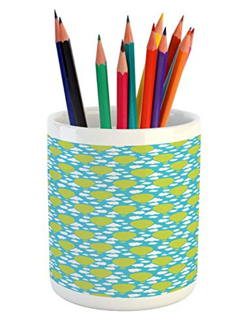Ambesonne Blue Sky Pencil Pen Holder, Graphic Hot Air Balloons Illustration with Puffy Clouds, Ceramic Pencil Holder for Desk Office Accessory, 3.6 inch X 3.2 inch, Yellow Green Deep Sky Blue