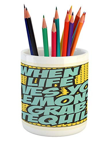 Ambesonne Tequila Pencil Pen Holder, Funny Words Retro Design When Life Gives You Lemons Grab Tequila, Printed Ceramic Pencil Pen Holder for Desk Office Accessory, Mustard Seafoam Charcoal Grey