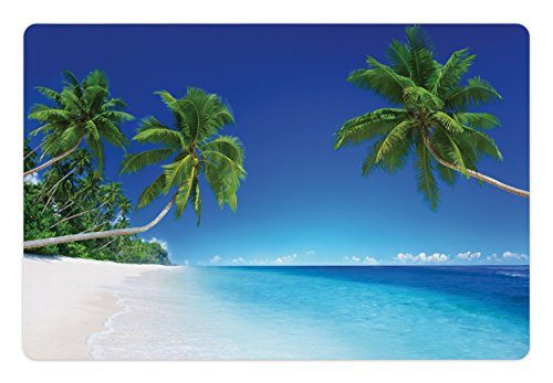 Lunarable Tropical Pet Mat for Food and Water, Remote Pacific Ocean Exoticism Landscape Tourism Sunlight Palm Branches, Rectangle Non-Slip Rubber Mat for Dogs and Cats, Blue White Green
