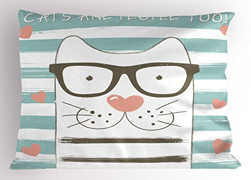 Ambesonne Animal Pillow Sham, Hipster Cartoon Cat with Glasses Hearts and Stripes and Writing Artwork, Decorative Standard King Size Printed Pillowcase, 36 inch X 20 inch, White Blue and Pink