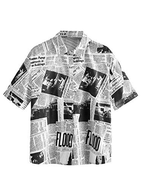 WDIRARA Women's Newspaper Print Button Front Short Sleeve Collar Blouse Shirt Black and White L