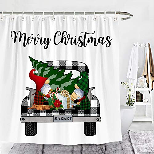 Wencal Merry Christmas Buffalo Check Plaid Truck Shower Curtain Xmas Gnomes Tree Farmhouse Bathroom Decor with Hooks 72 x 72 Inches